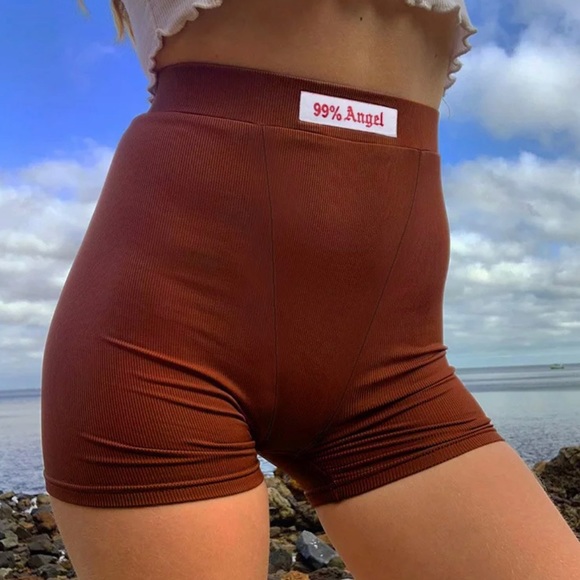 Embroidery Biker Shorts Ribbed Knit Brown High Waist Casual Shorts, Sz Med - Picture 1 of 5